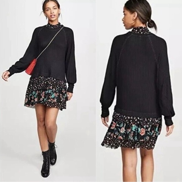 FREE PEOPLE OPPOSITES ATTRACT MINI DRESS BLACK FLORAL MEDIUM - Picture 2 of 5